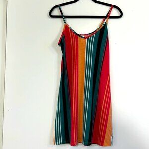NWOT BOHO Multi Stripe Rainbow Print Mini Dress! V-Neck & Spaghetti Straps